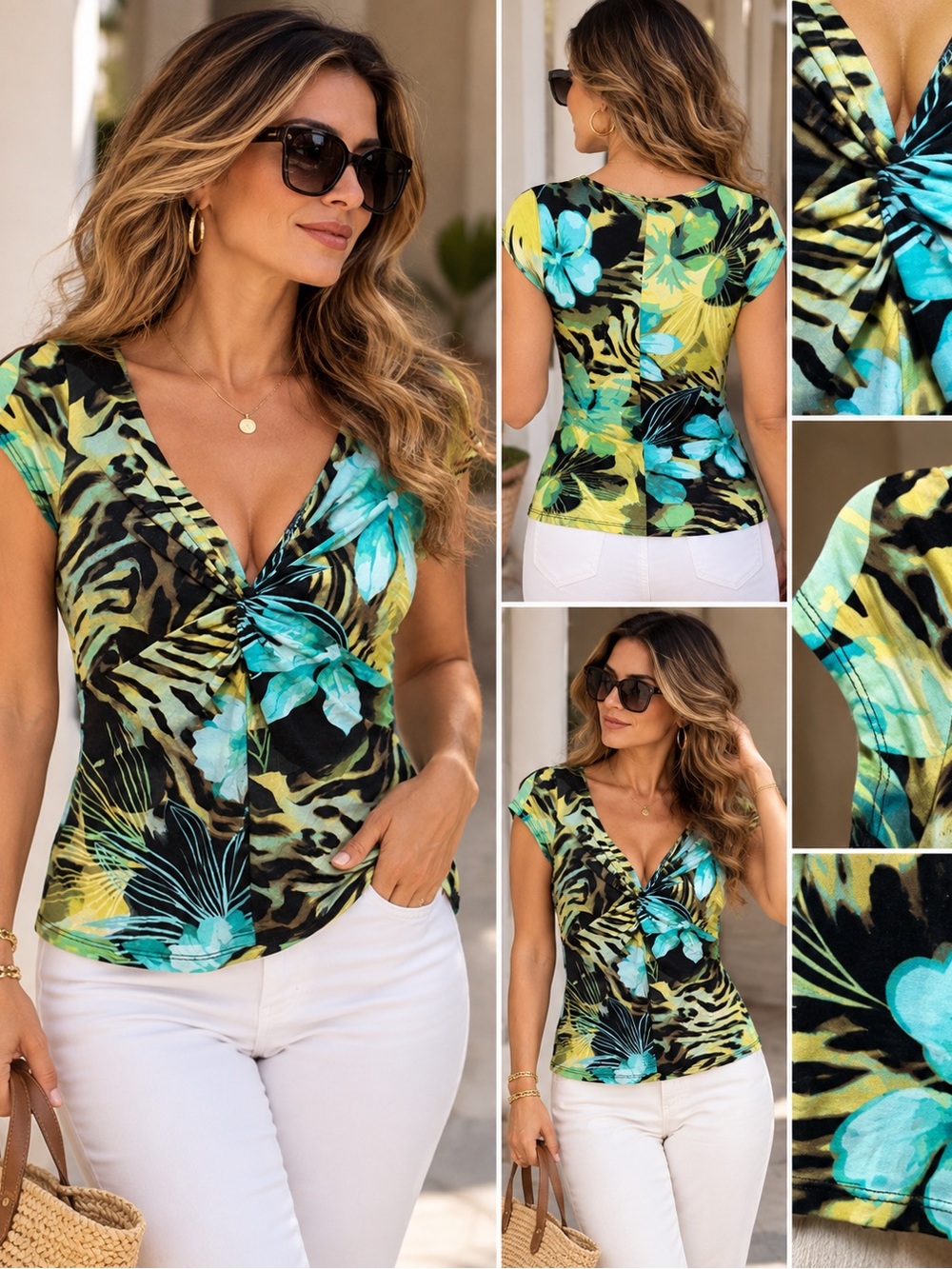 Cache Twist-Front Floral V-Neck Tee in Green/Turquoise